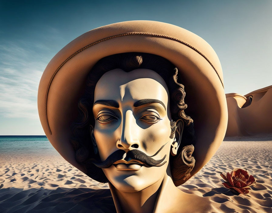 Oversized human face with facial hair and hat on serene beach landscape