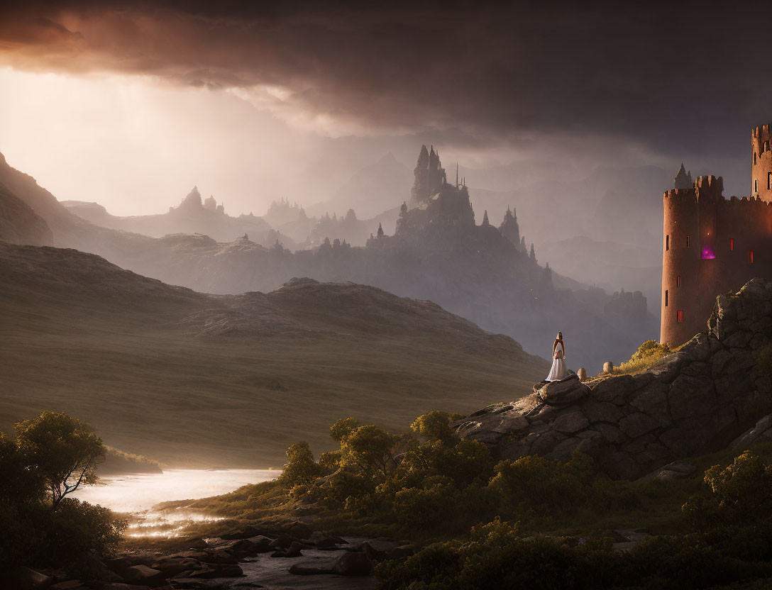 Majestic castle and figure in serene sunset landscape