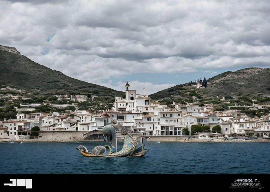 Coastal town with white buildings, church, and fish tail sculpture under cloudy sky.