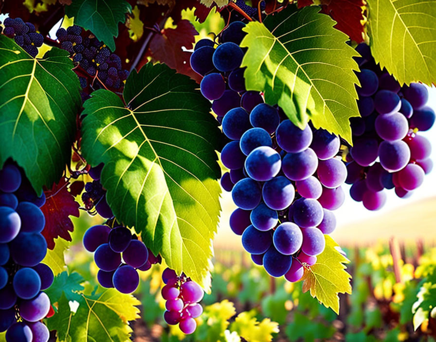 Ripe purple grapes on vine with green leaves in vineyard