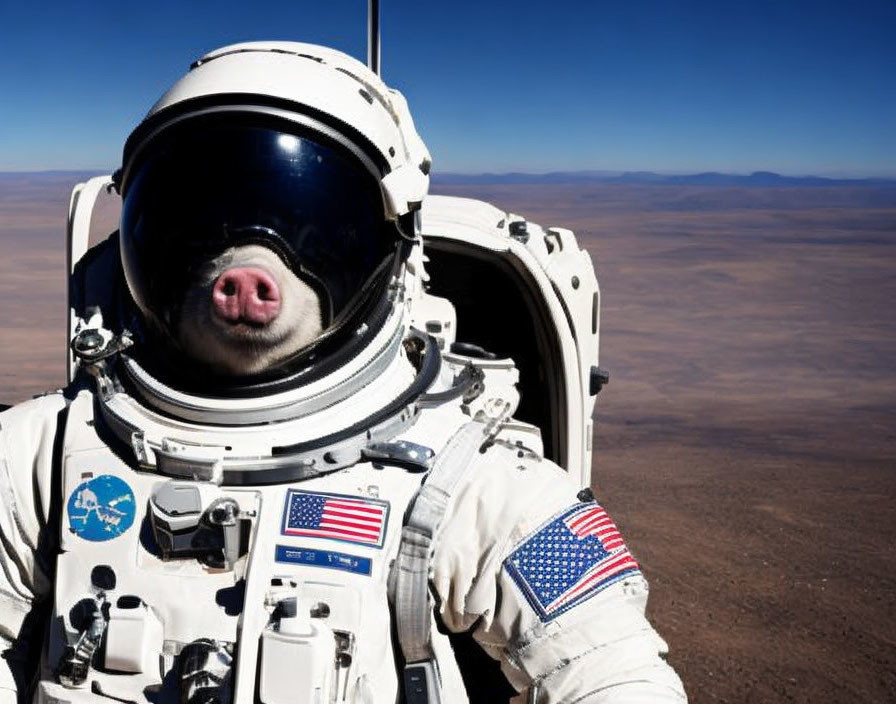 Astronaut in spacesuit with American flag patch on Mars-like landscape