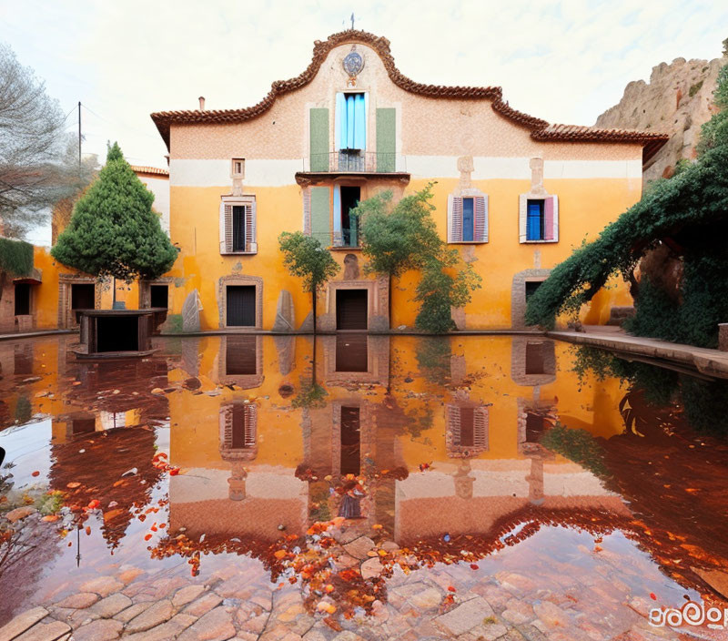 Yellow Building with Blue and Green Shutters Reflected in Clear Pool amid Fall Leaves and Greenery