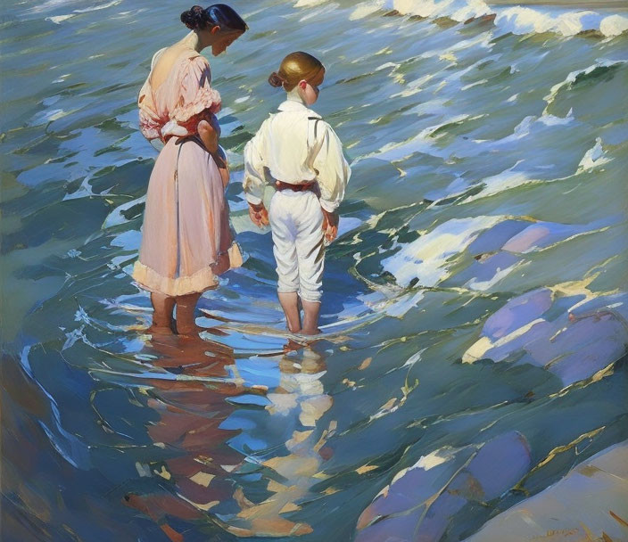 Woman and boy in shallow water under dappled sunlight