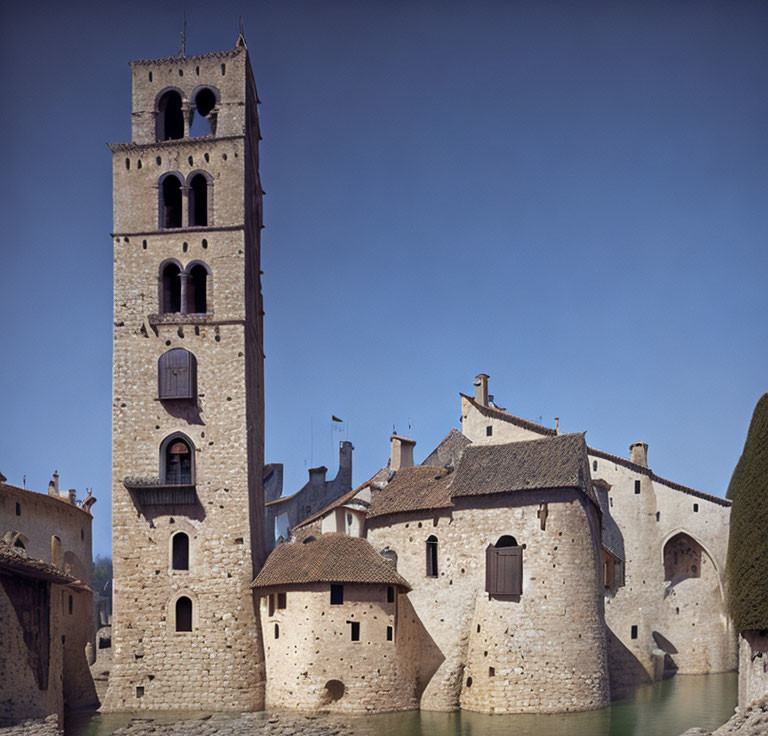 Ancient stone tower with arched openings near old buildings and water body