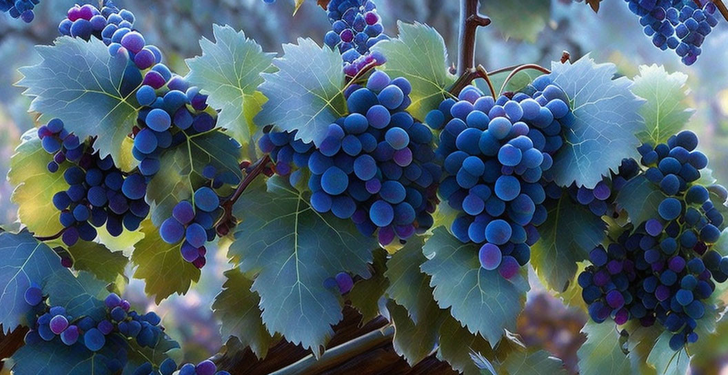 Ripe blue grapes on vine with green leaves in soft-focus.