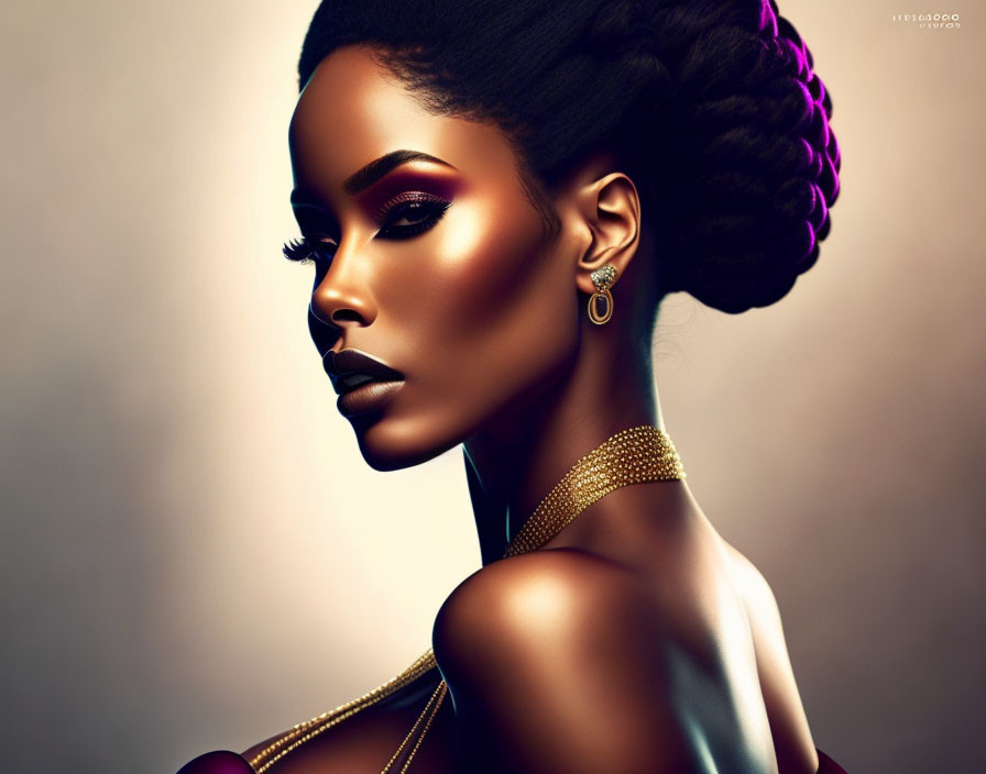 Portrait of woman with braided updo and gold jewelry on warm backdrop