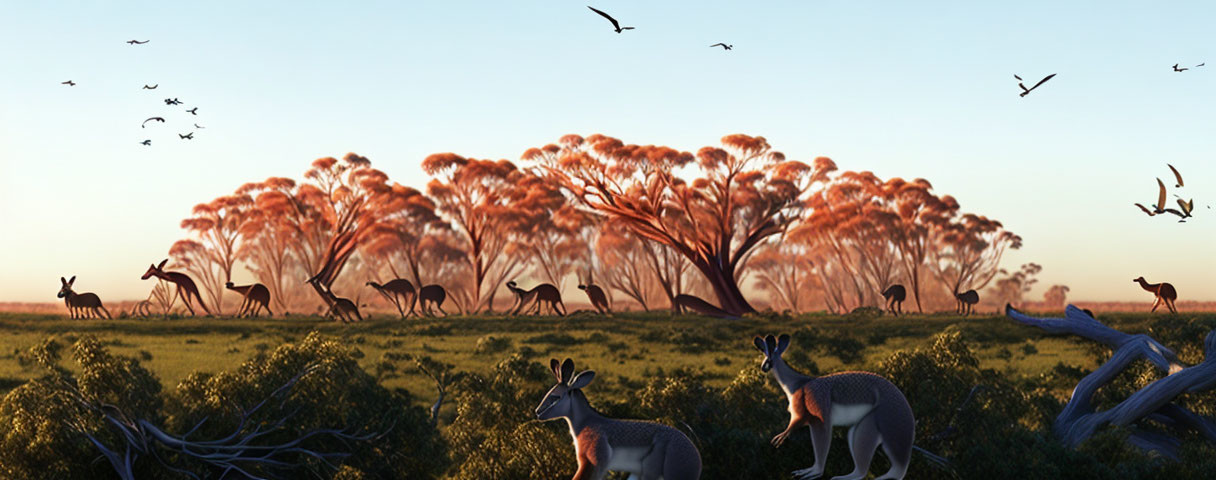 Kangaroos in grassy field at dusk with birds and trees.