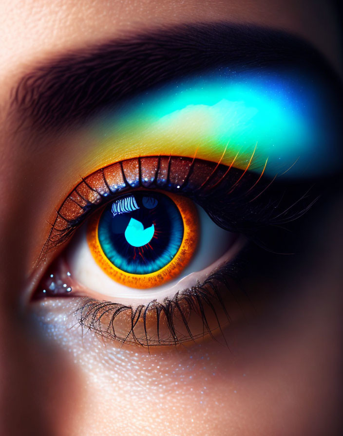 Vibrant eyeshadow palette on human eye with colorful iris.