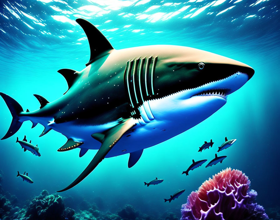 Digital artwork of shark with mechanical features in vibrant underwater scene