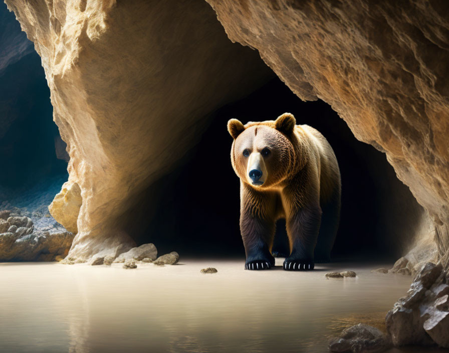 Bear exiting cave towards water under sunlight glare