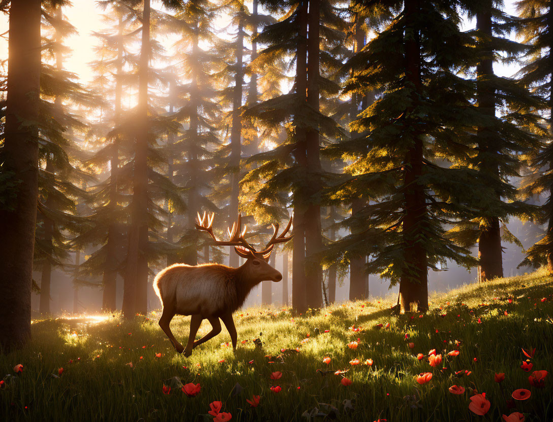 Majestic elk in sunlit forest with tall pine trees and red poppies