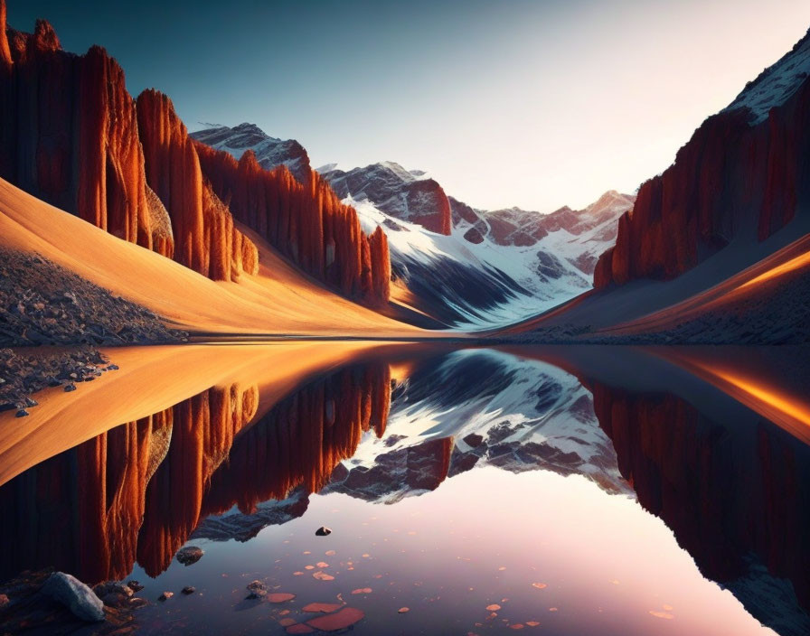 Tranquil mountain lake with red rock formations and snowy peaks at sunset