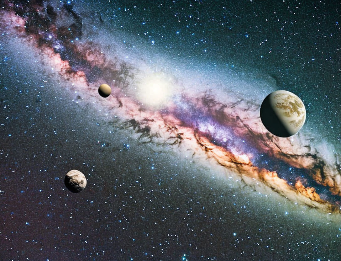 Colorful Space Scene with Three Diverse Planets in Galaxy Background