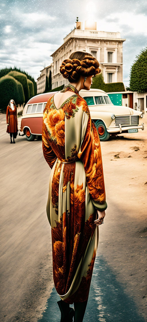 Ornately dressed woman on vintage street with old cars and stately building under starry sky