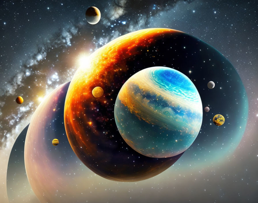 Colorful Planets and Moons in Vibrant Digital Artwork