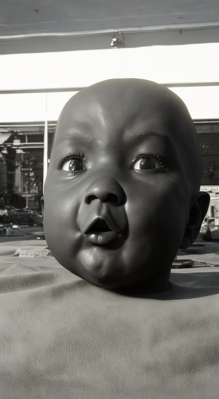 Hyperrealistic baby sculpture against industrial backdrop in black and white.