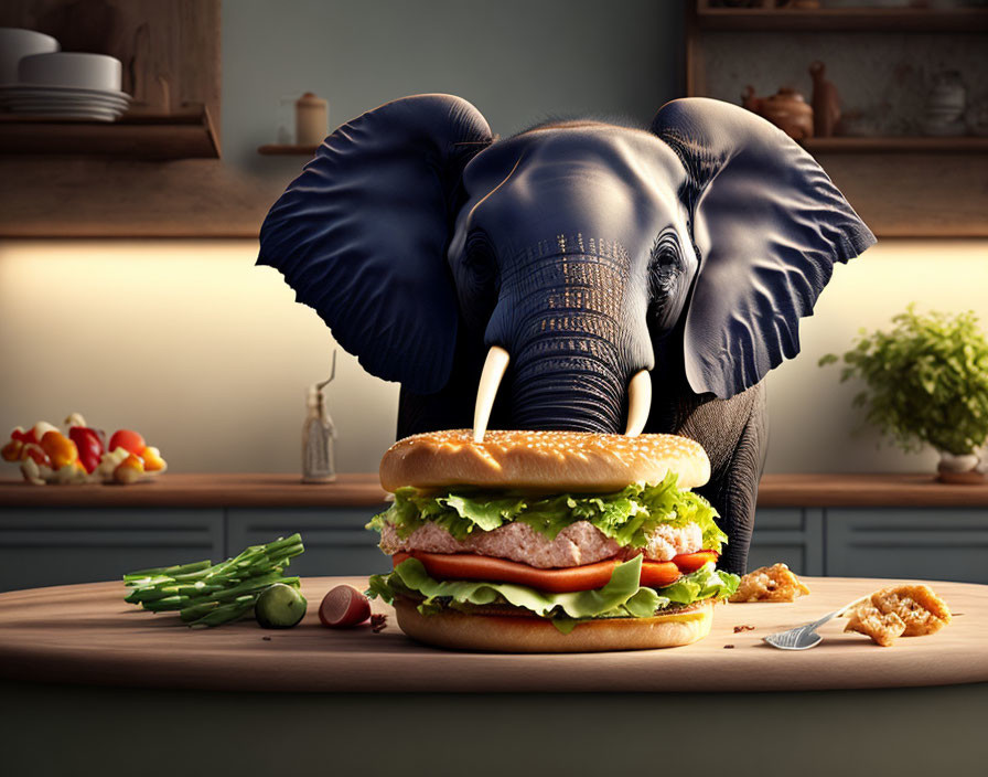 Elephant at kitchen table with large hamburger