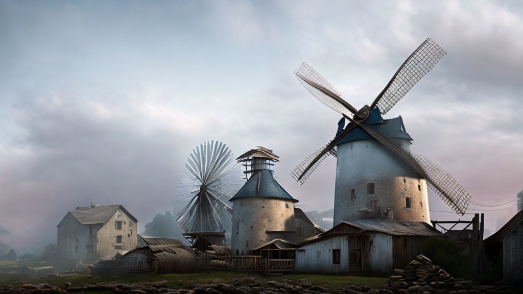 Traditional windmills in rural setting at dawn or dusk