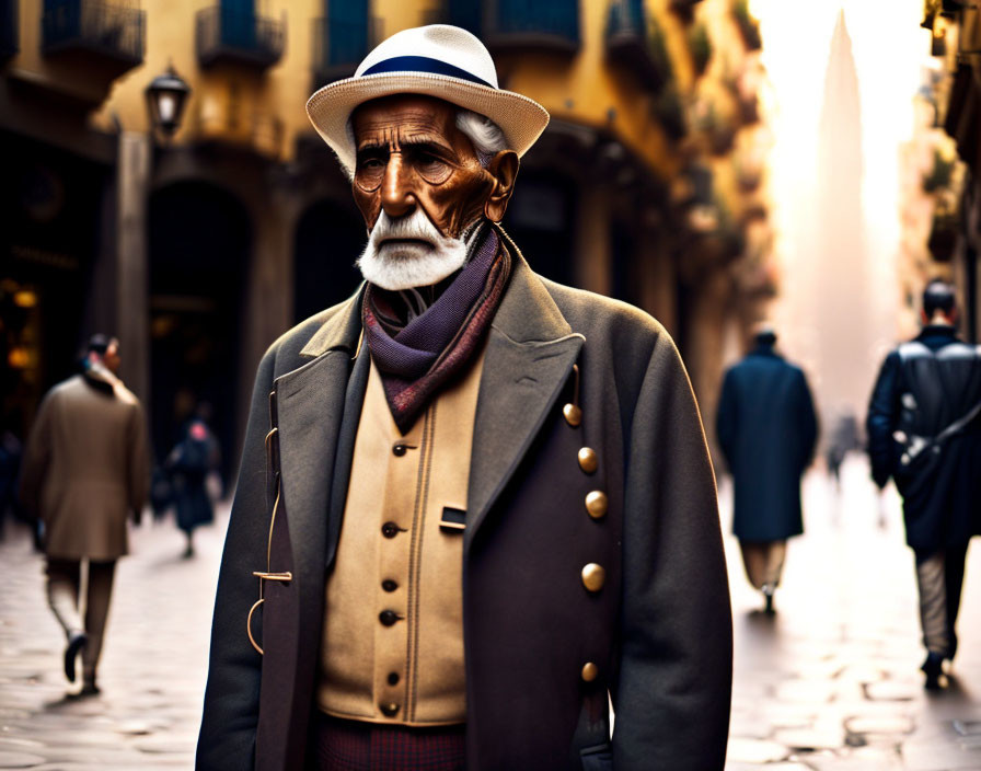 Elderly gentleman with white beard and mustache on busy street in hat and coat.