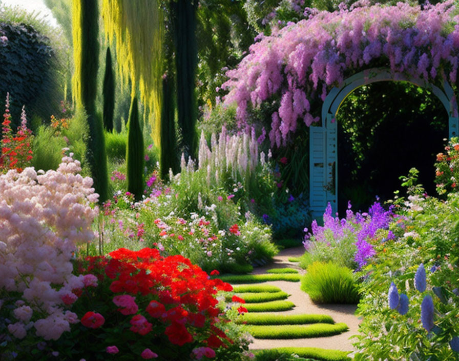 Colorful Flower Garden with Flowering Archway