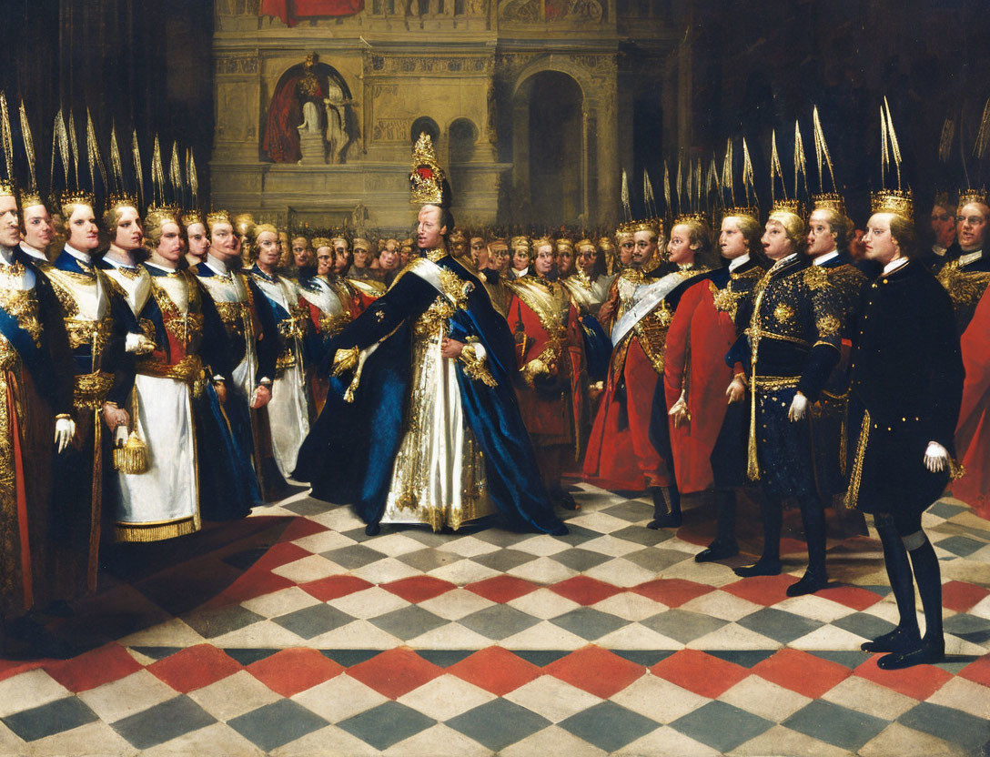 Ceremonial painting of regal figure in blue mantle with uniformed men and spears