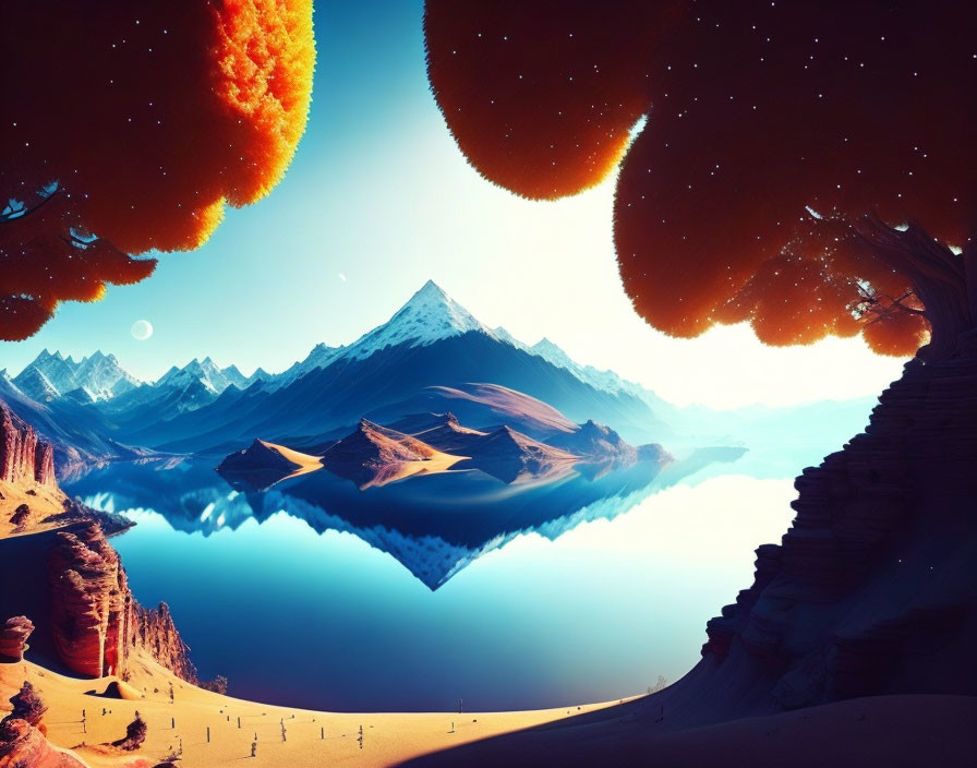 Vivid surreal landscape: colorful mountains, serene lake, desert sands, oversized trees, starry sky