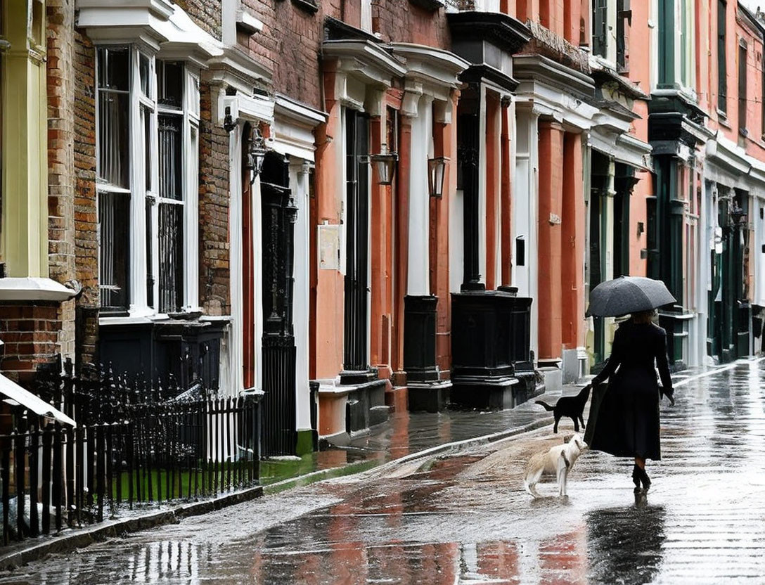 Person walking dog on wet street past colorful townhouses in rain.