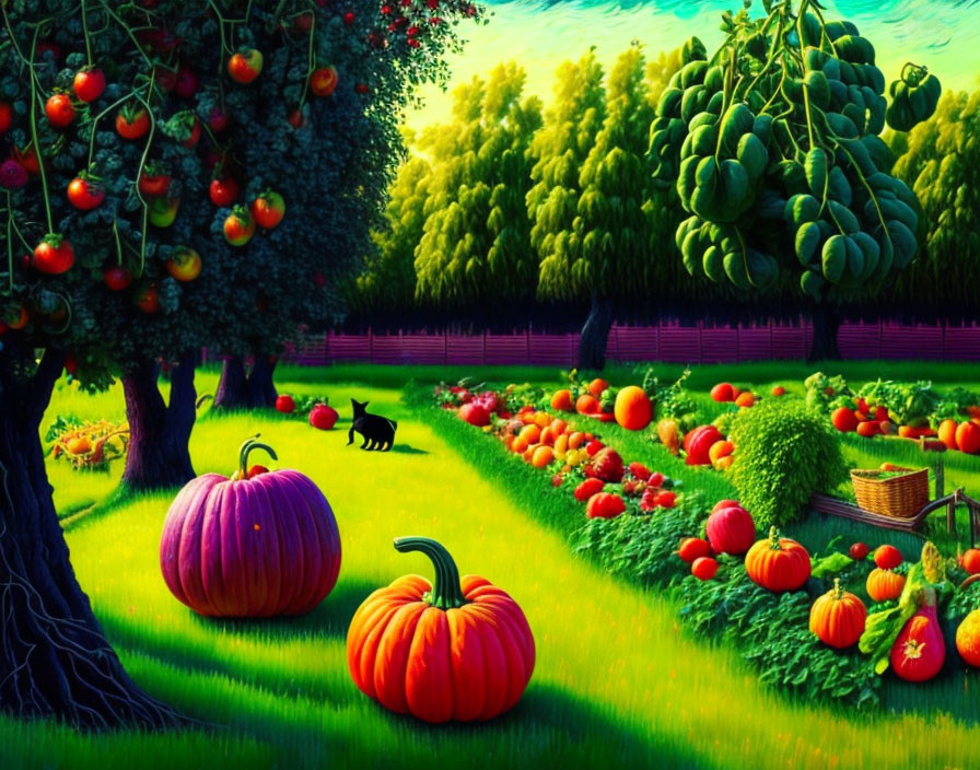 Colorful painting of lush garden with pumpkins, fruit tree, black cat, and basket