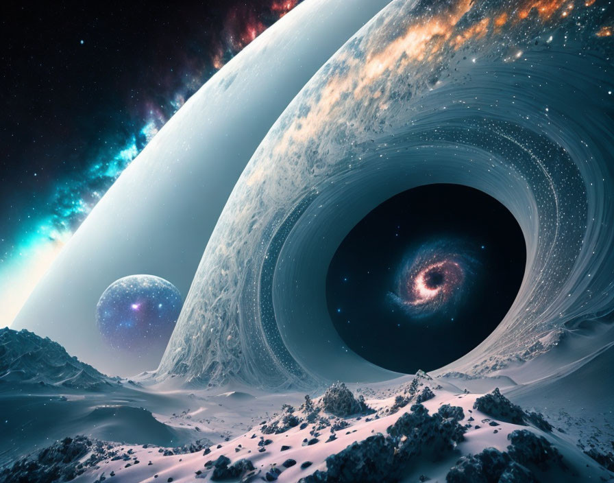 Surreal space scene with swirling wormhole, snowy terrain, planet, galaxy.