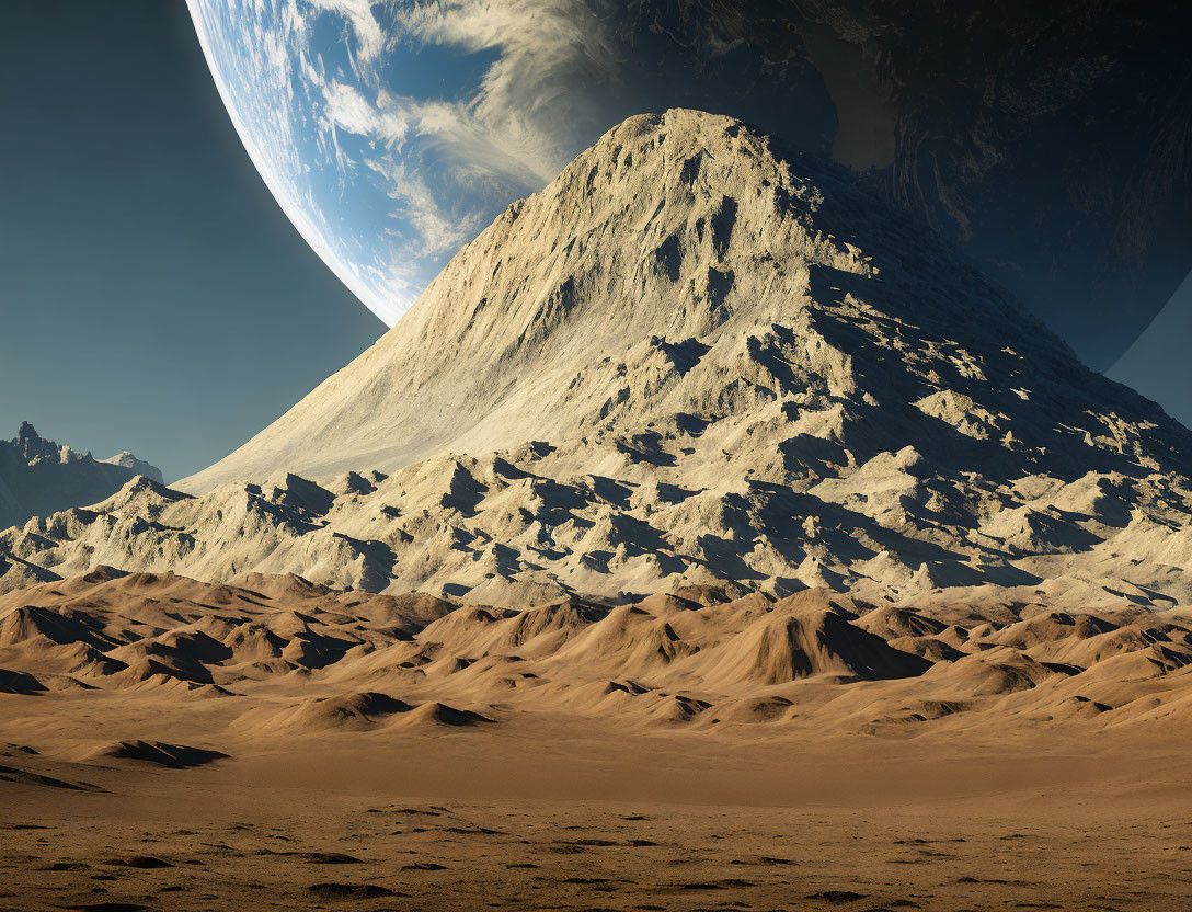 Snowy peaks mountain towering over desert with enormous planet in starry sky