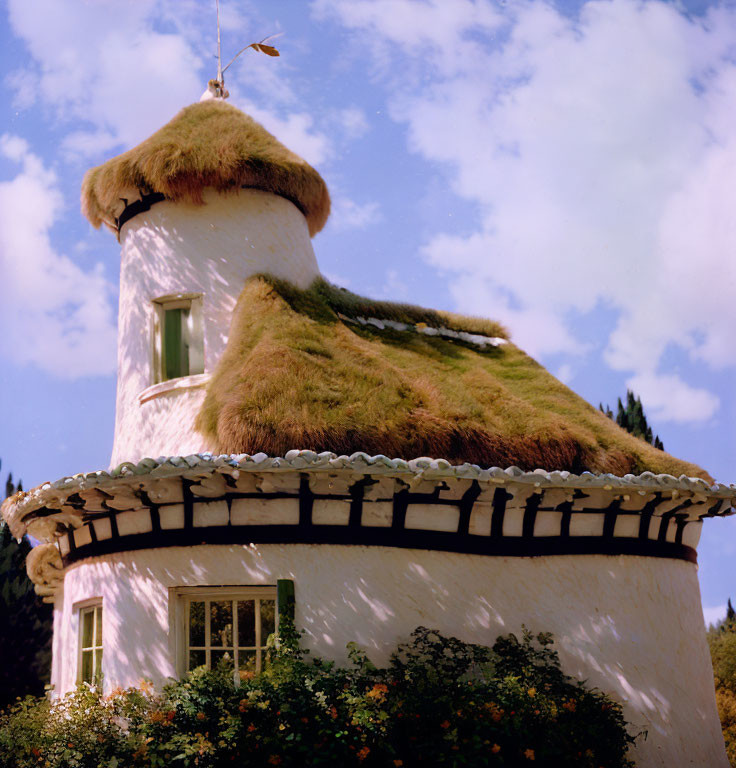 Round Thatched Roof Cottage Against Blue Sky with Clouds