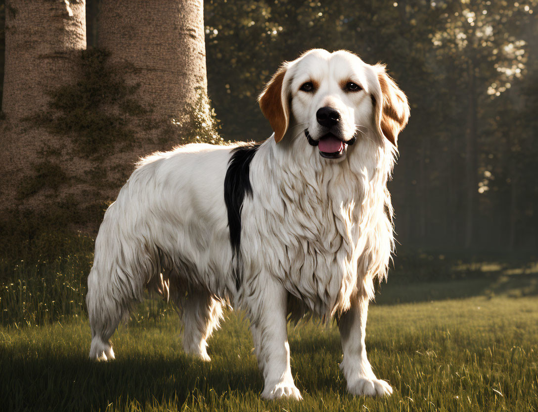 White and Tan Dog with Floppy Ears in Grass Field with Trees - Late Afternoon Scene