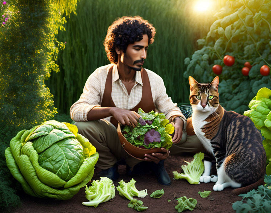 Curly Mustached Man Harvesting Lettuce with Tabby Cat at Sunset