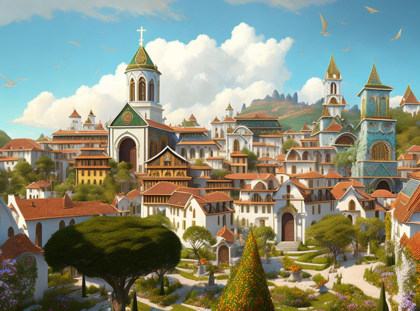 Vibrant fantasy village with ornate buildings and lush trees