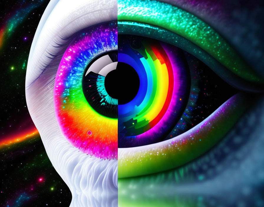 Colorful digital artwork of stylized eyes with rainbow irises in cosmic and spectral backgrounds