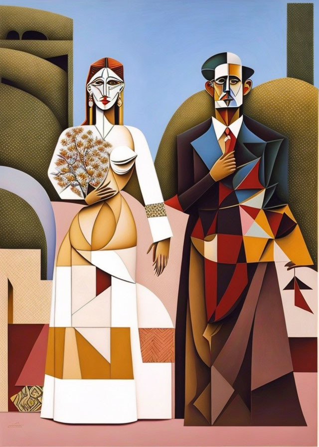 Cubist-style painting of man and woman in elegant attire against architectural backdrop