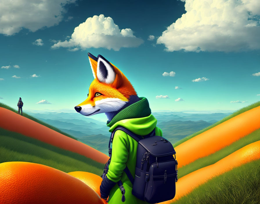 Anthropomorphic fox in green jacket walking on hills with giant oranges under blue sky