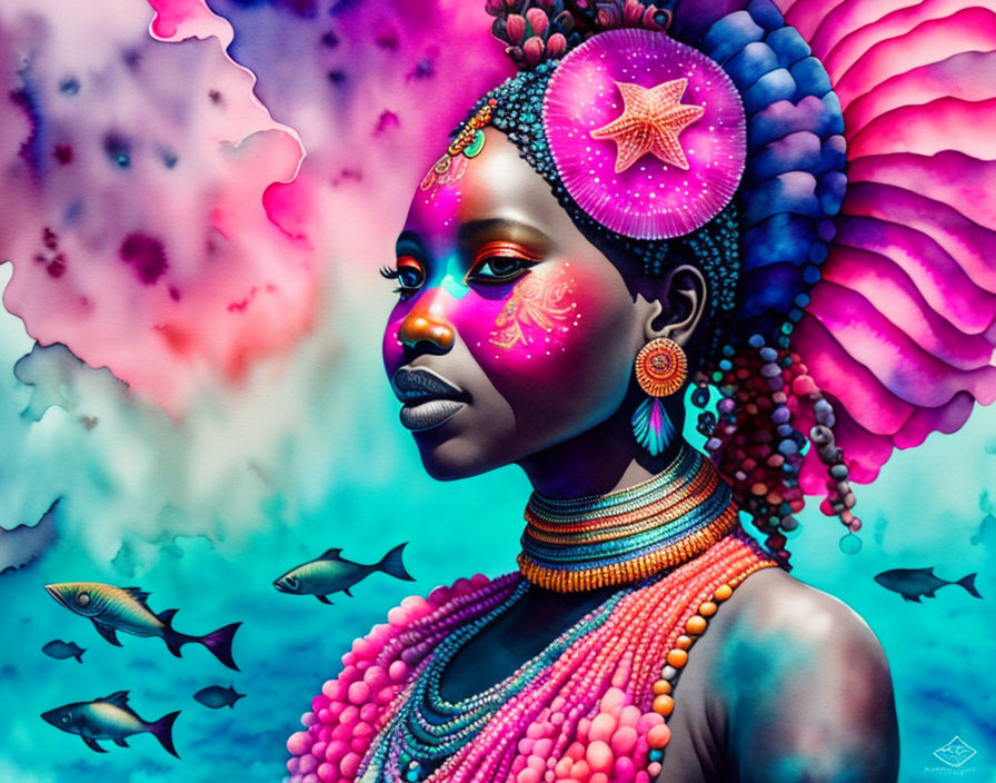 Colorful woman portrait with face paint and traditional jewelry against pink clouds and blue fish