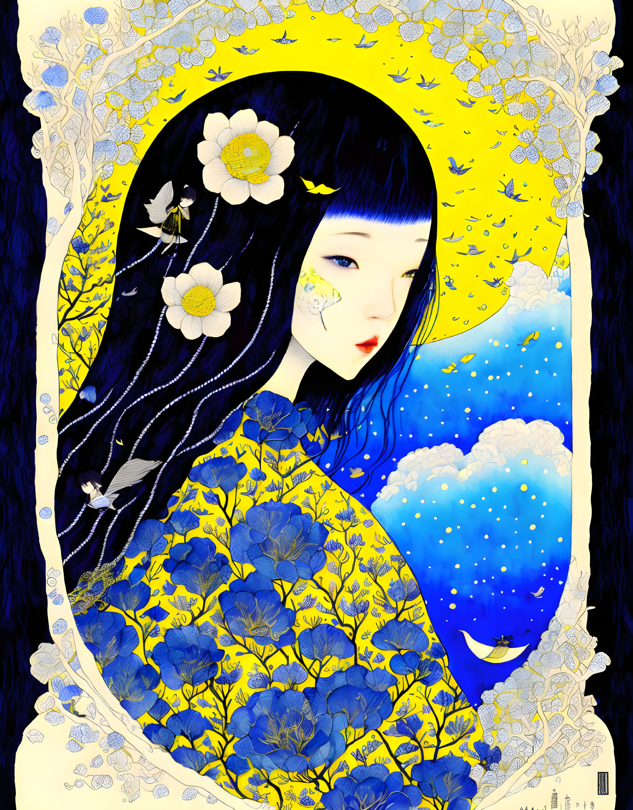 Stylized woman illustration with floral pattern and night sky elements