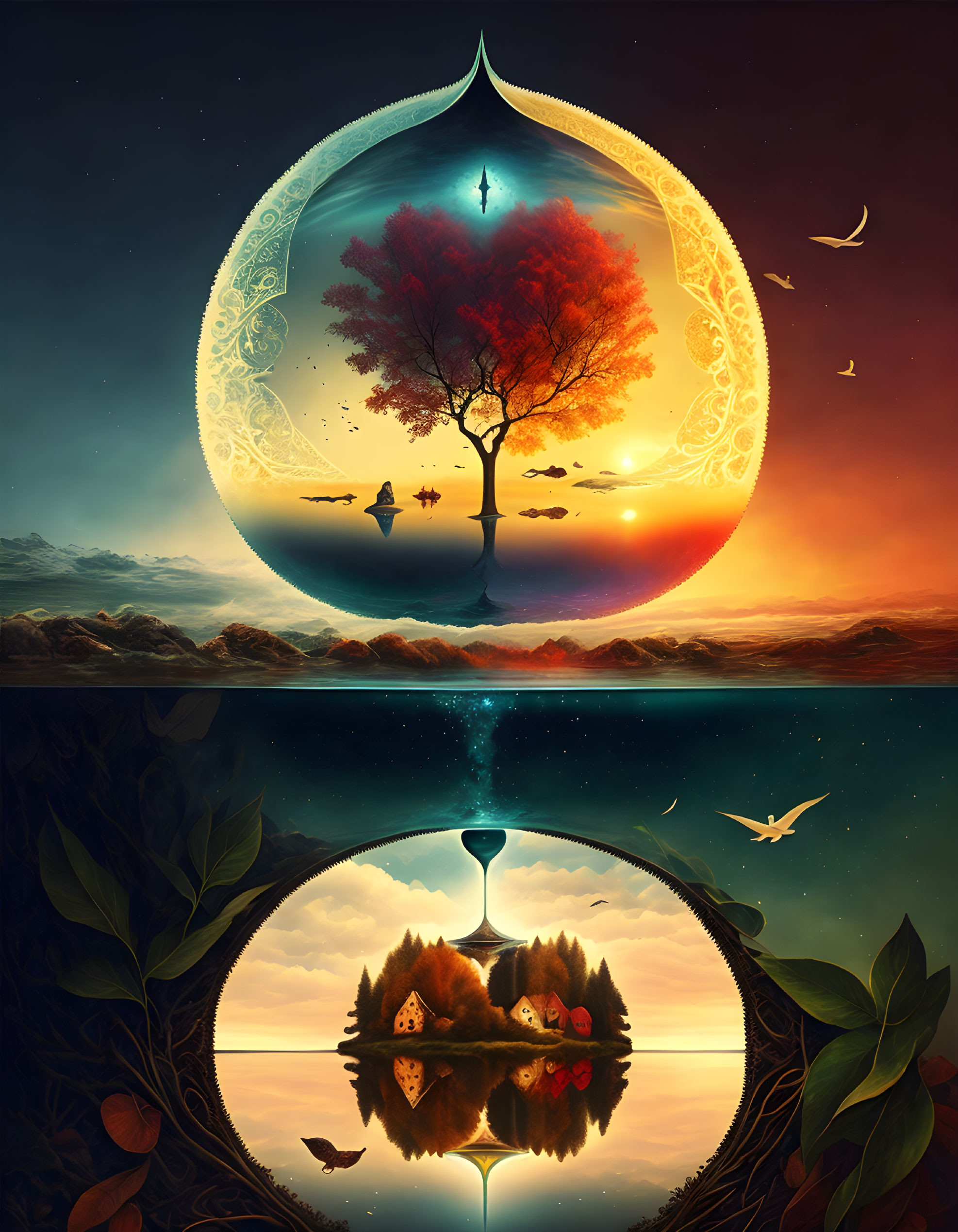 Surreal image of droplet-shaped portal with tree, sunset, birds, nighttime reflection, and