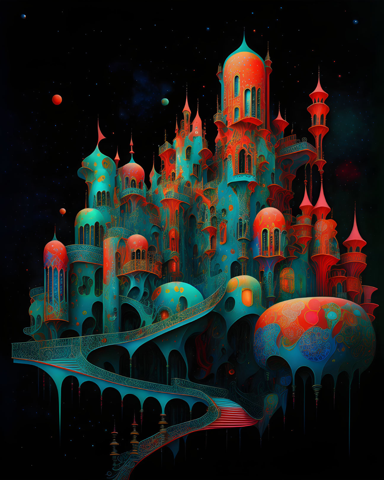 Fantastical castle with spires under starry sky in blues, reds, and oranges