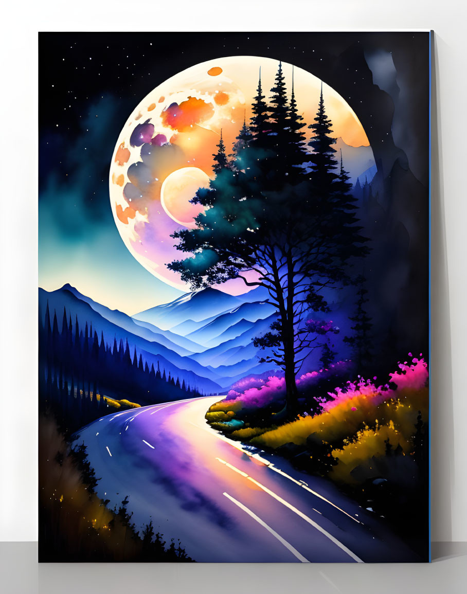 Scenic canvas painting: winding road through mountains under moon & stars