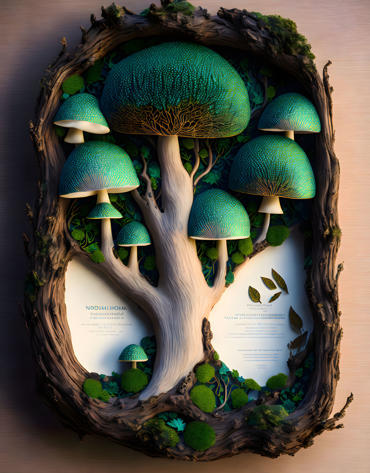 Fantastical 3D rendering of tree-like structure with green mushroom canopies surrounded by moss and