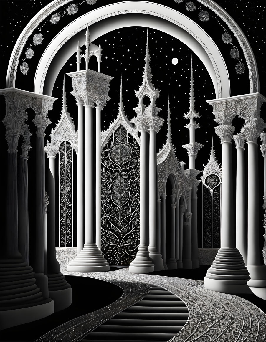 Monochrome fantasy illustration of a gothic-style hall with arches and columns