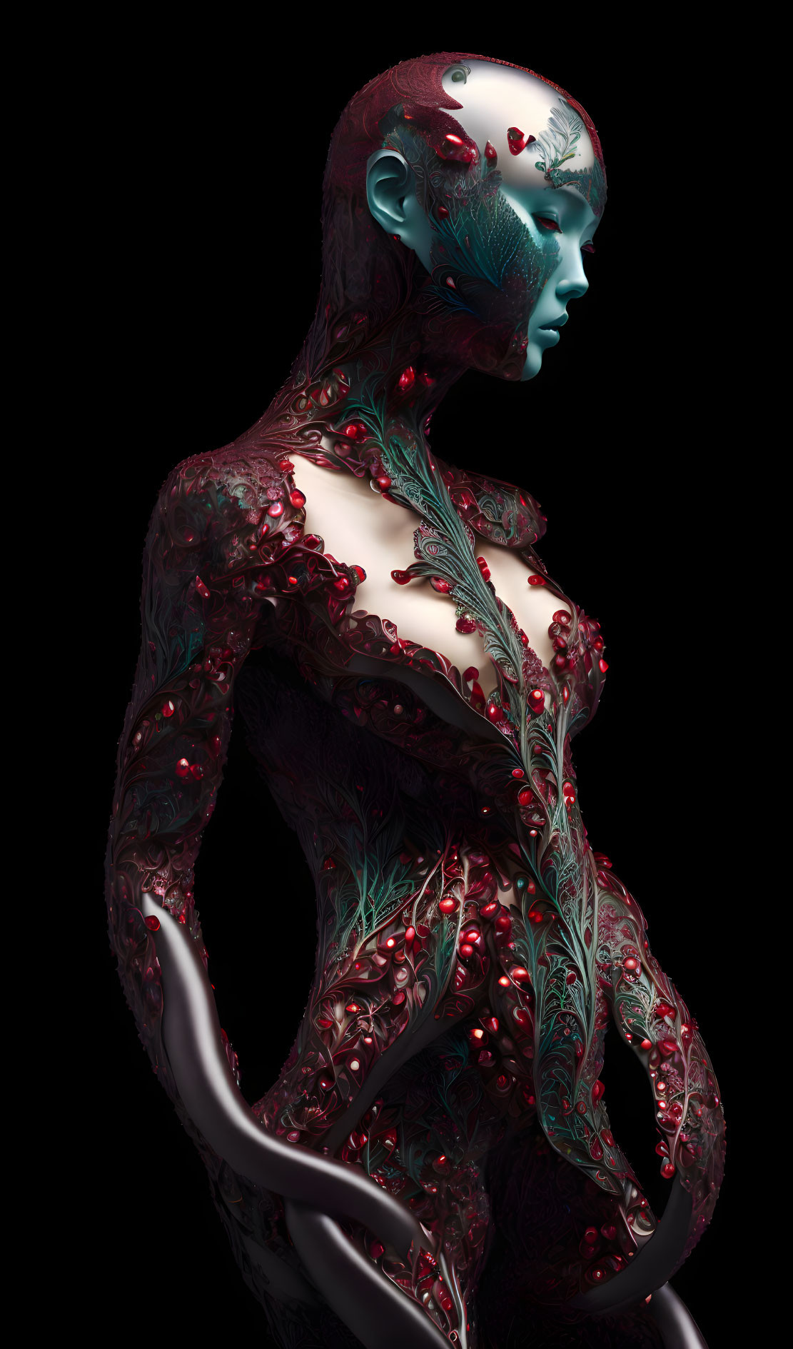 Intricate red and silver circuit patterns on humanoid figure against black background