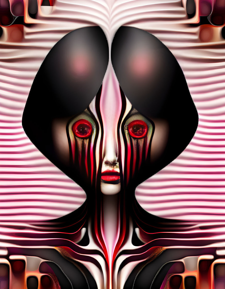 Symmetrical humanoid face with red eyes and black headpiece on pink wavy background