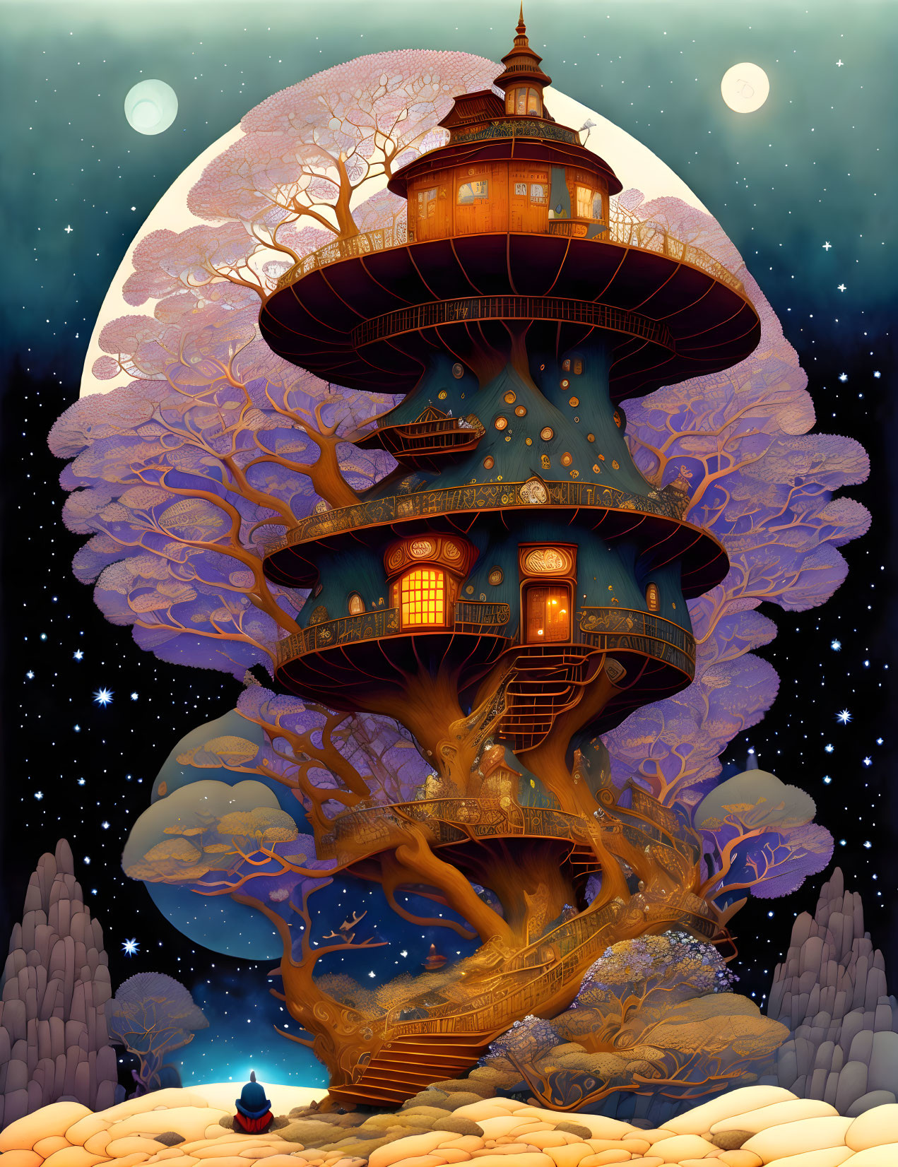 Illustration of multi-tiered treehouse under starry sky with person sitting.