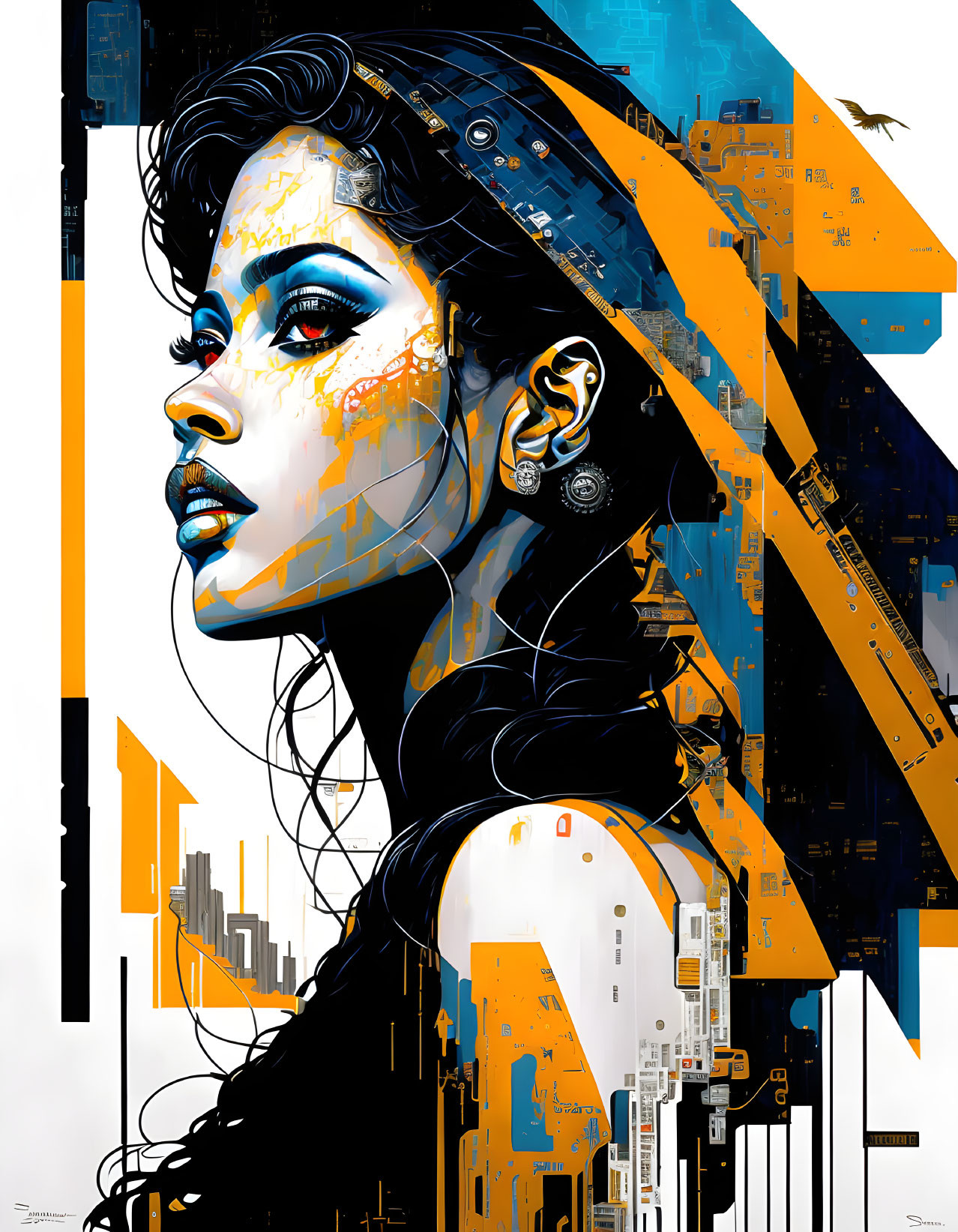 Stylized portrait of woman with blue and orange accents against abstract cityscape