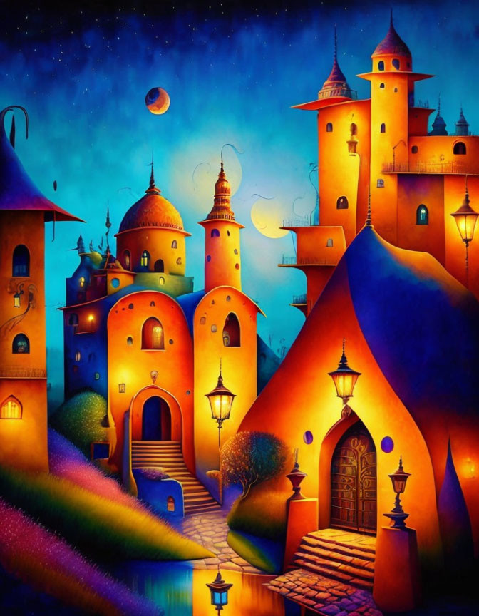 Colorful Fantasy Castle Painting with Night Sky and Crescent Moon