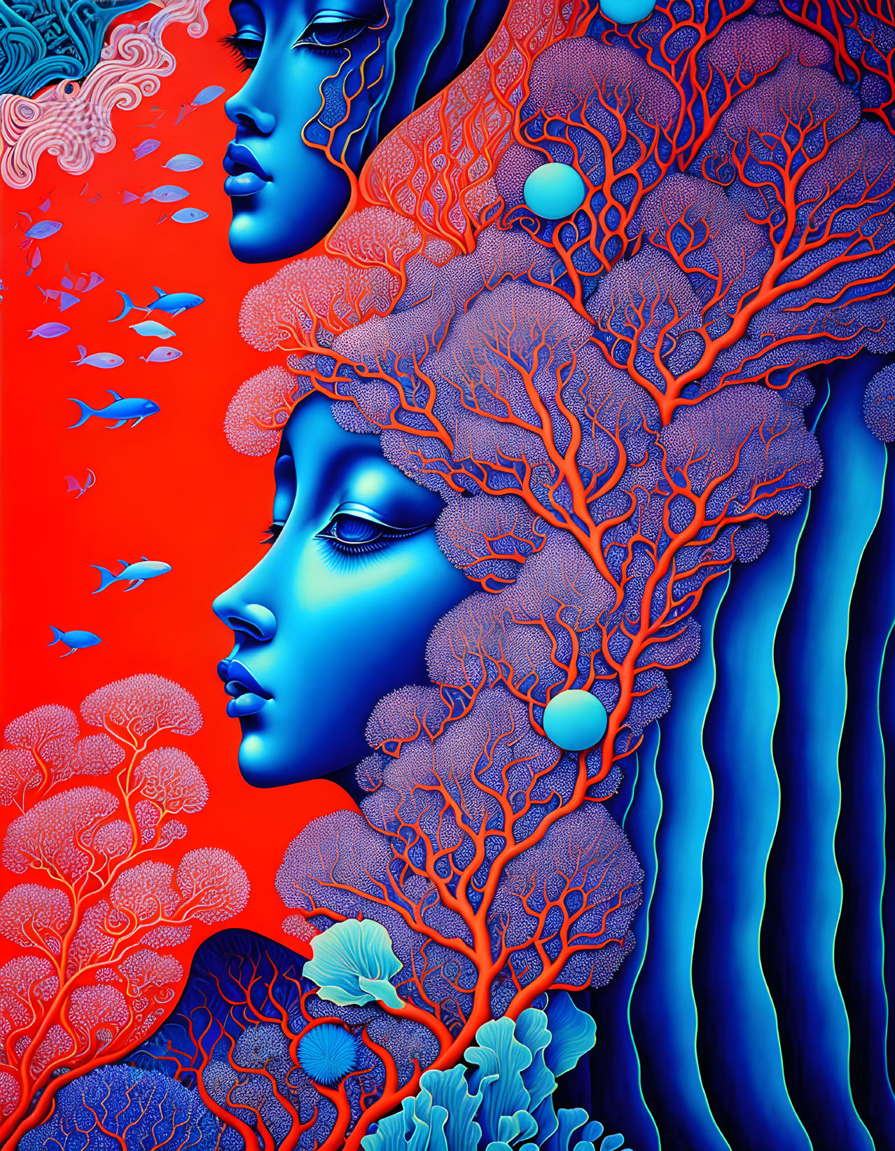 Stylized coral-like hair faces in vibrant marine scene